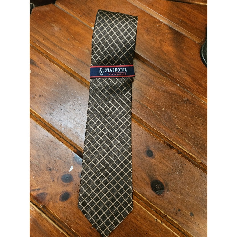 Stafford Performance Men Taupe Brown Silk Grid Tie Stain Resistant 59" NWT